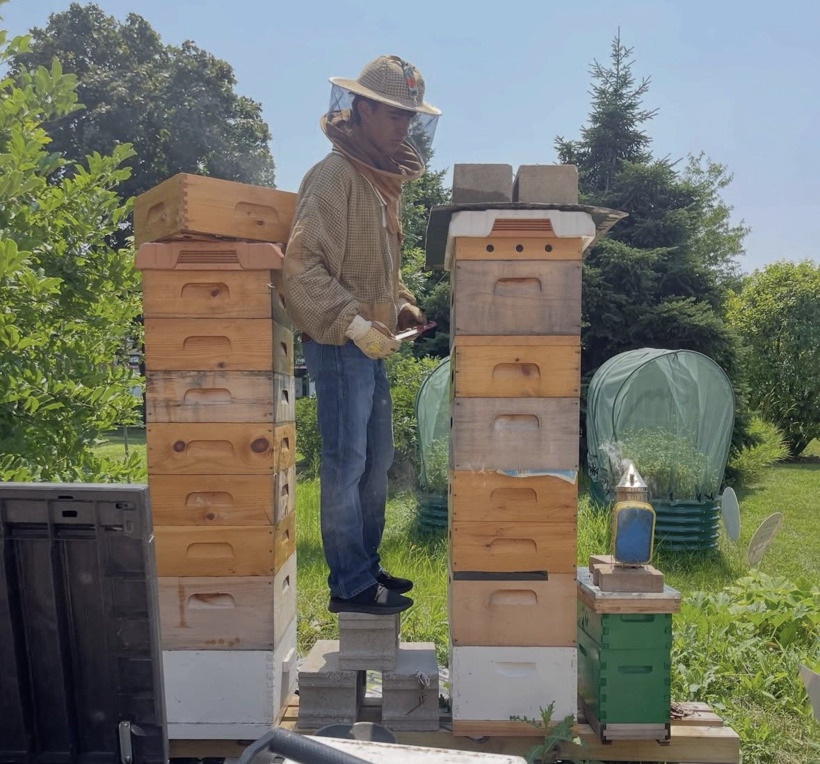 Rocco in a bee suit tending the Bee & Agriculture Club hives