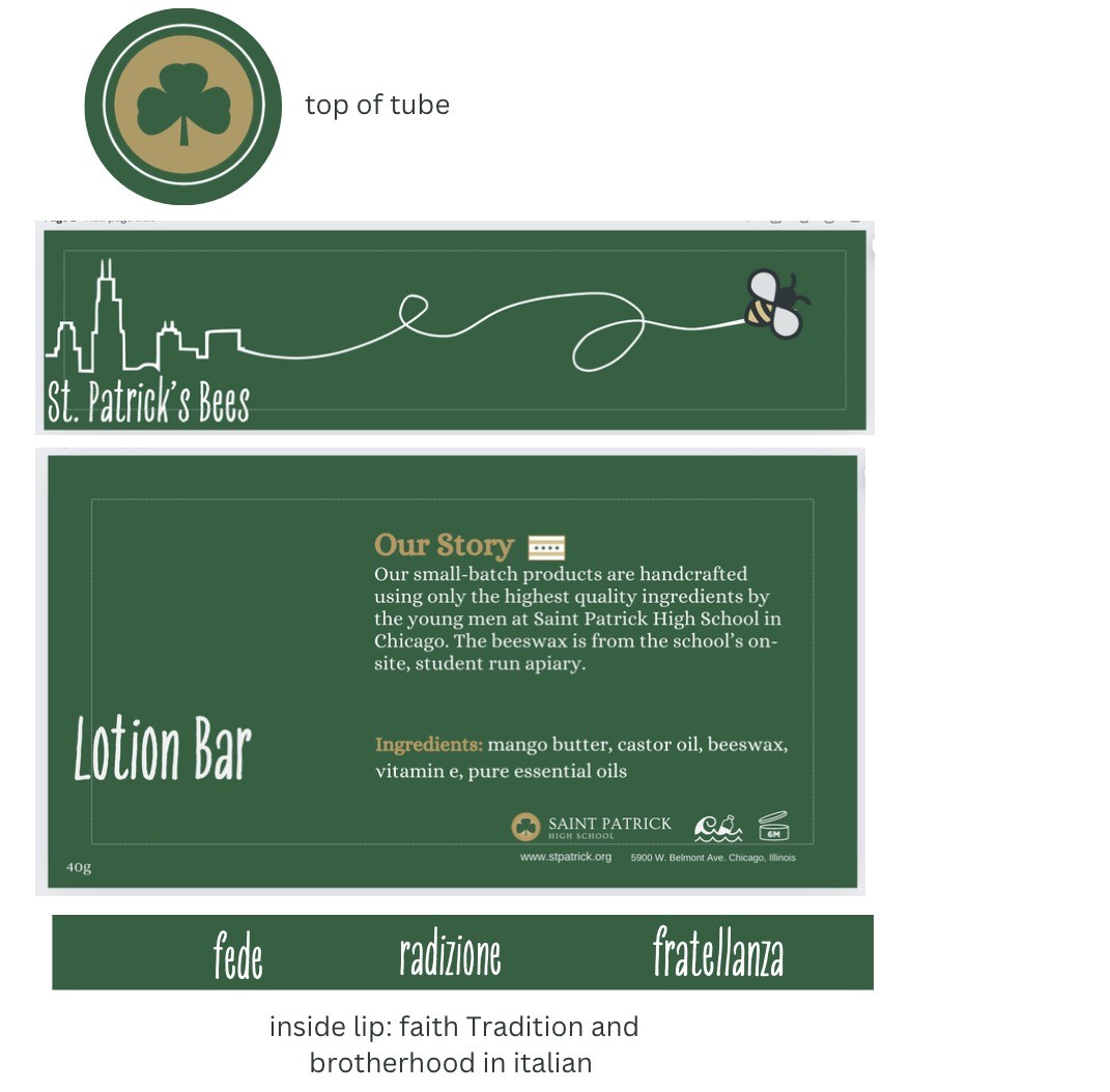 Flat packaging design for the St. Patrick's Bees lotion bar: tube top, label and inside lip